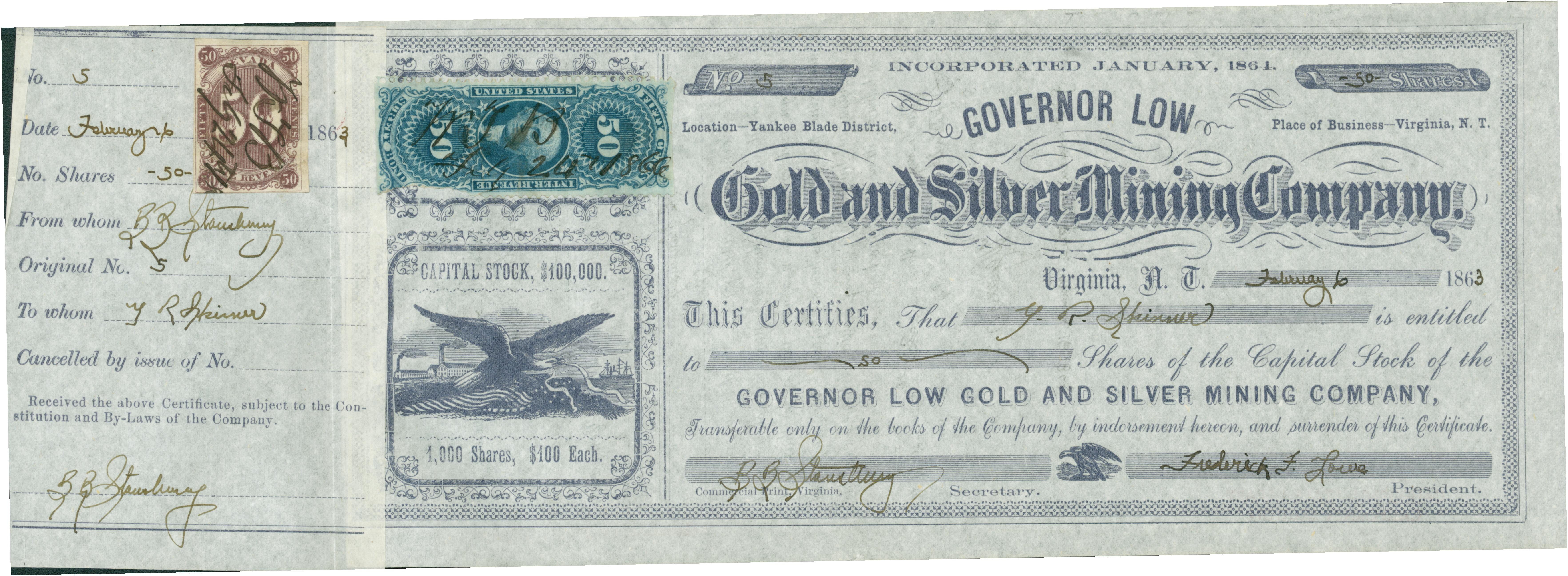 Stock certificate shows signature of Frederick F. Lowe (Governor of California, 1863-1867).
 (Edited from Stocks and Bonds to Mining, January 27, 2017)